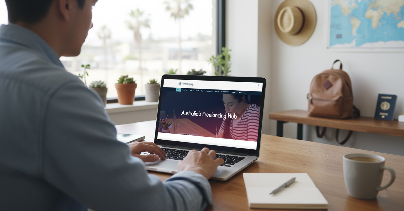 Person updating freelancing hub website on a laptop at home office