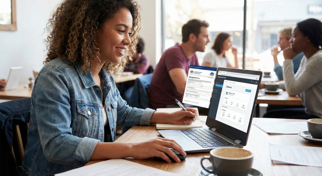 Woman completing ABN application on laptop in café